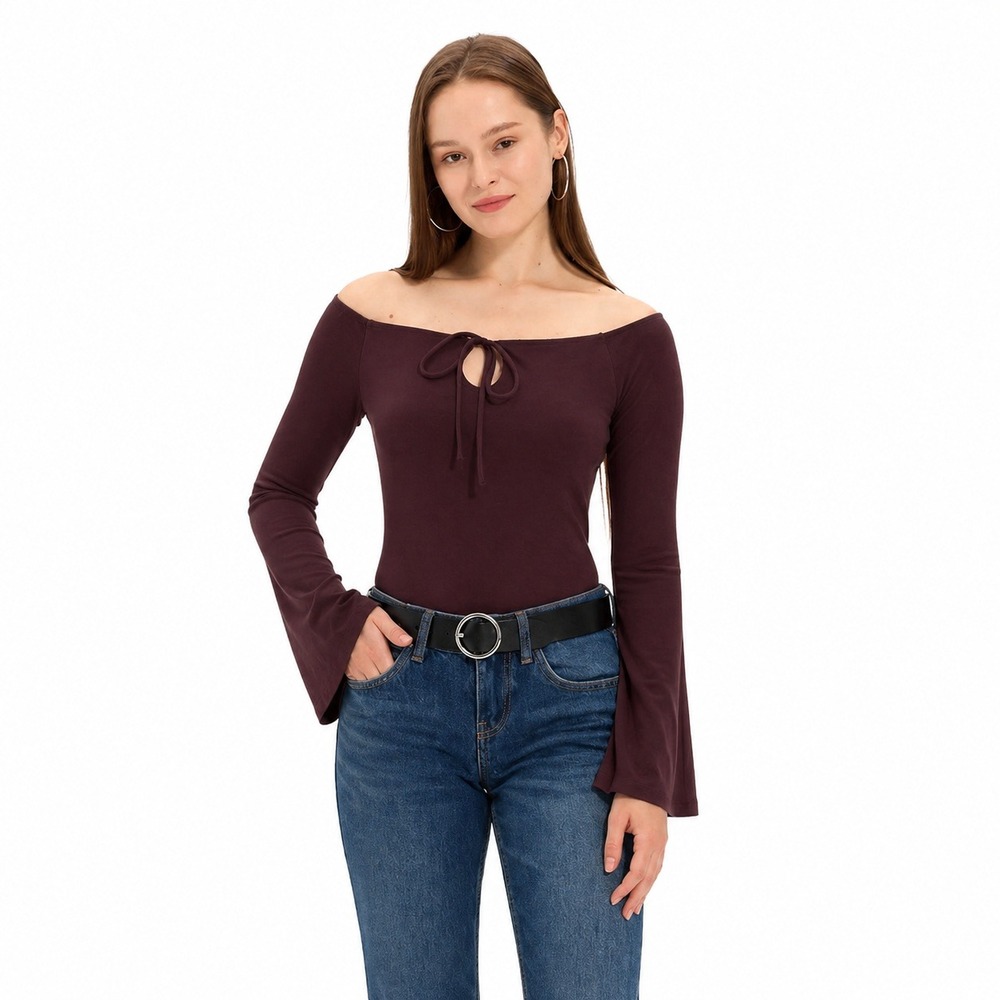 Women's Off Shoulder Top Wild Fable Ruched Tie Front Brown M New With Tags